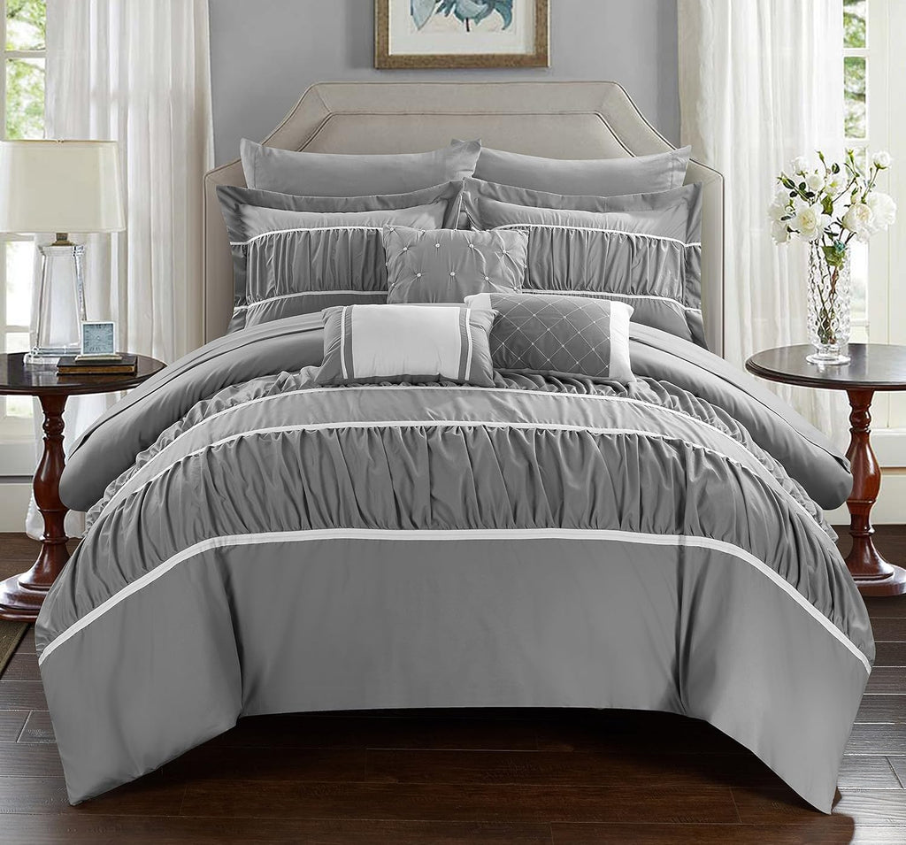 Chic Home CS2125-AN Cheryl 10 Piece Comforter Set Complete Bed in a Bag Pleated Ruched Ruffled Bedding with Sheet Set, Grey, Queen