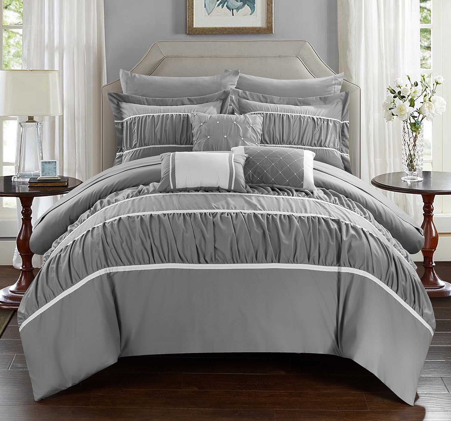 Chic Home CS2125-AN Cheryl 10 Piece Comforter Set Complete Bed in a Bag Pleated Ruched Ruffled Bedding with Sheet Set, Grey, Queen