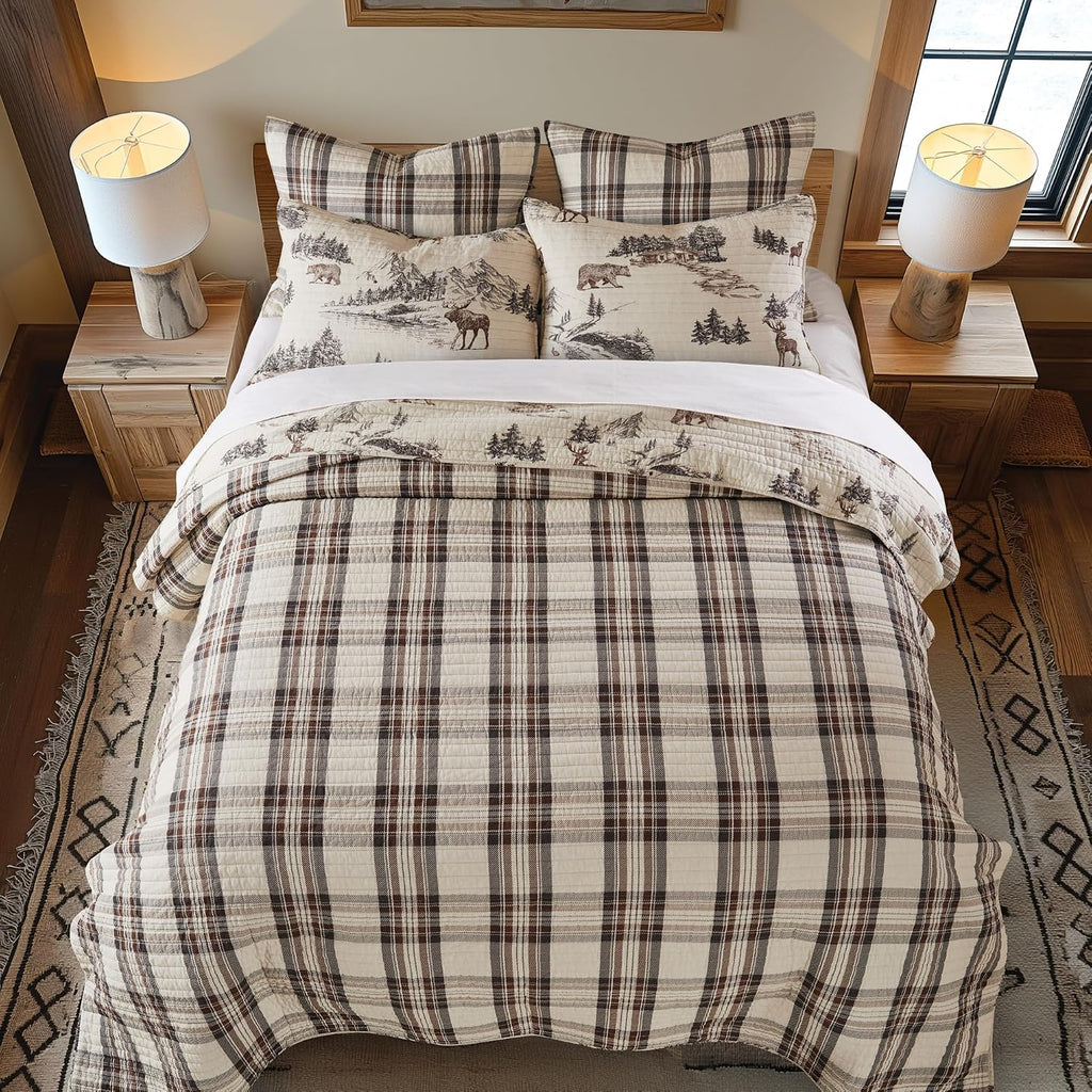 Levtex Home - Lodge Toile Quilt Set - King Quilt and Two King Shams - Mountain Lodge - Brown Cream Charcoal - Quilt (106x92in.) and Shams (20x36in.) - Reversible - Cotton