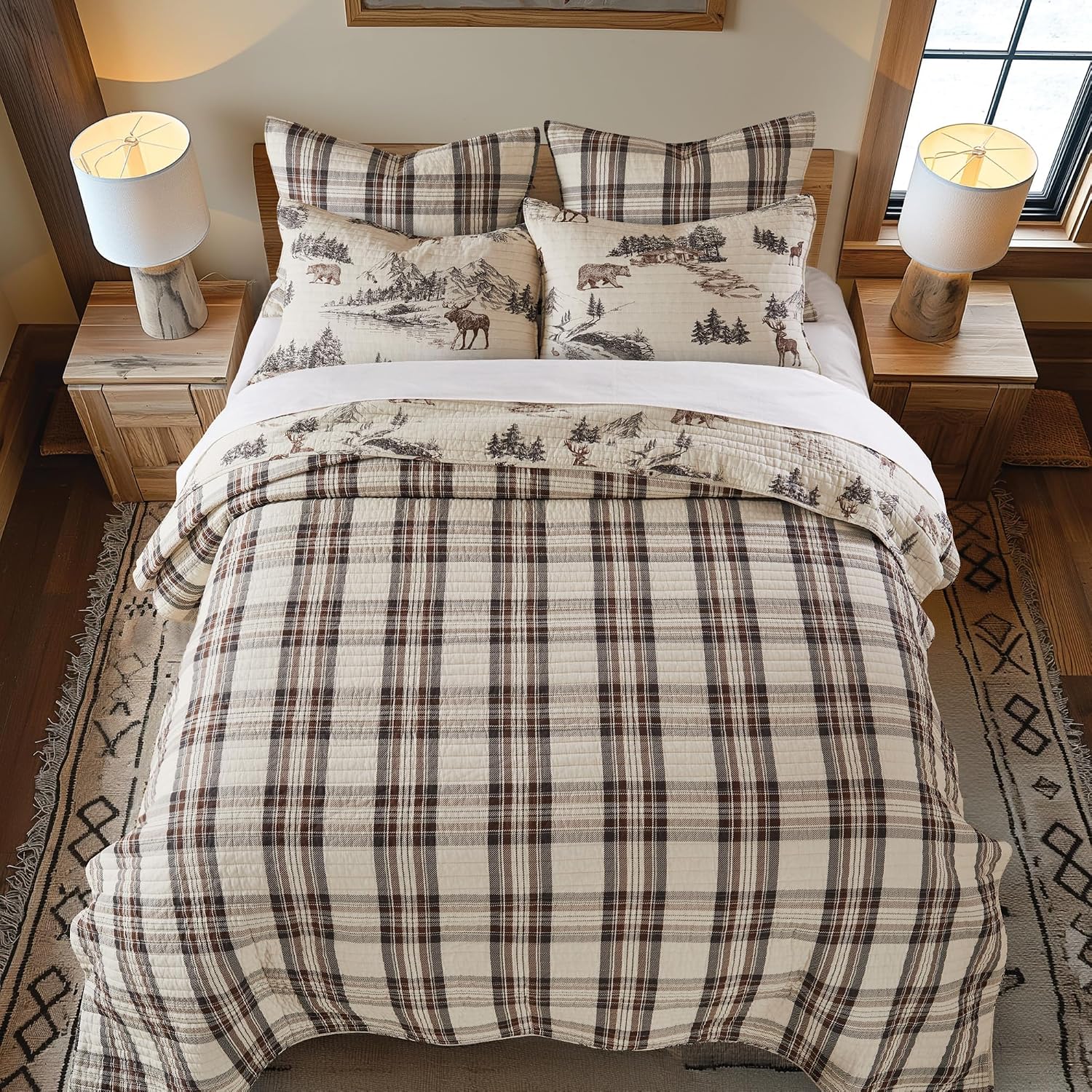 Levtex Home - Lodge Toile Quilt Set - King Quilt and Two King Shams - Mountain Lodge - Brown Cream Charcoal - Quilt (106x92in.) and Shams (20x36in.) - Reversible - Cotton
