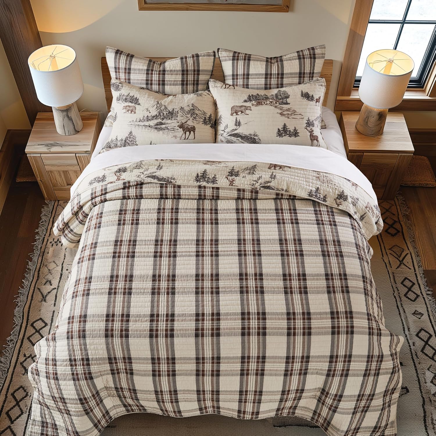 Levtex Home - Lodge Toile Quilt Set - Full/Queen Quilt and Two Standard Shams - Mountain Lodge - Brown Cream Charcoal - Quilt (88x92in.) and Shams (20x26in.) - Reversible - Cotton