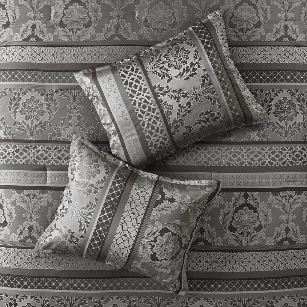 Madison Park Bellagio Cozy Comforter Set - Luxurious Jaquard Traditional Damask Design, All Season Down Alternative Bedding with Matching Shams, Decorative Pillow, King(104'x92') , Grey 7 Piece