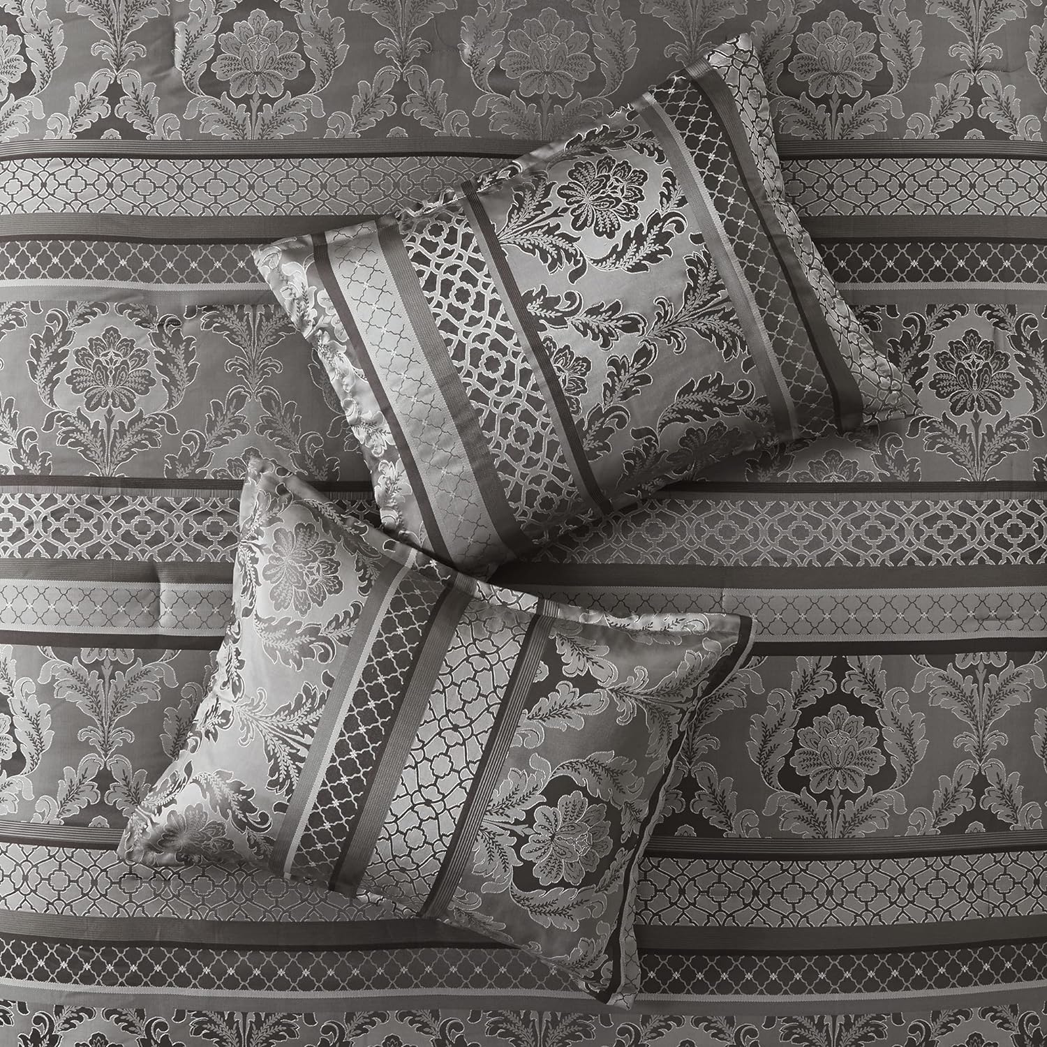 Madison Park Bellagio Cozy Comforter Set - Luxurious Jaquard Traditional Damask Design, All Season Down Alternative Bedding with Matching Shams, Decorative Pillow, King(104'x92') , Grey 7 Piece