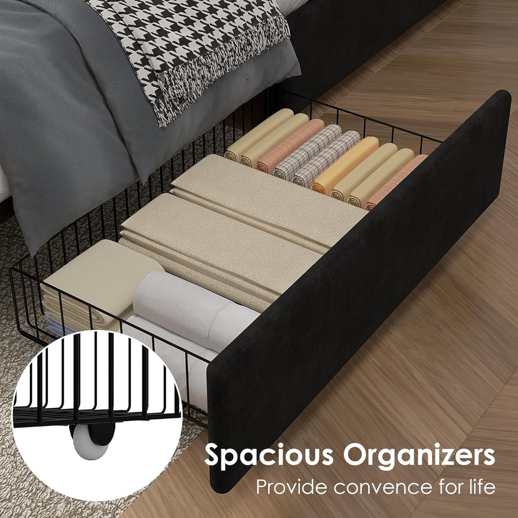 VECELO Full Size Upholstered Bed Frame with 4 Storage Drawers, Adjustable Velvet Rivet Decor Headboard, Wooden Slats Platform Support, No Box Spring Needed, Easy Assembly,Black