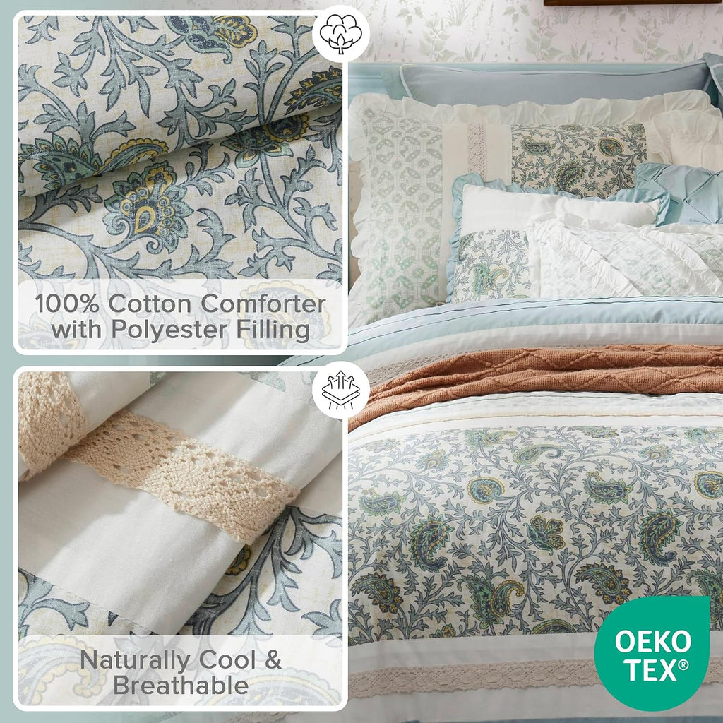 Madison Park Dawn 100% Cotton Shabby Chic Comforter Set-Modern Cottage Design All Season Down Alternative Bedding, Matching Shams, Bedskirt, Decorative Pillows, King(104'x92'), Aqua 9 Piece