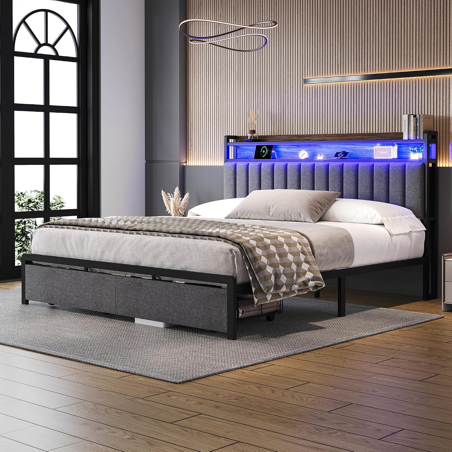 Ailisite Upholstered Full Size Bed Frames with 2 Tier Storage Headboard, LED Bed Frame with 2 Storage Drawers, Grey Platform Bed Frame with Charging Station & Typ-C Charging Port, No Box Spring Needed