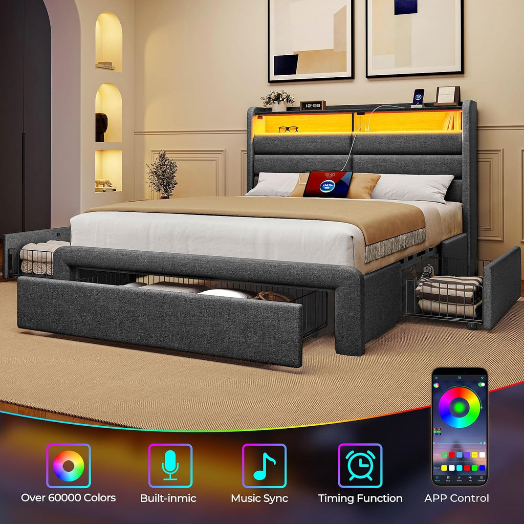 Seventable Twin Size Bed Frame with 3 Storage Drawers & Charging Station, Upholstered Platform Bed with Storage Headboard and LED Light, No Box Spring Needed, Noise Free, Easy Assembly, Dark Grey