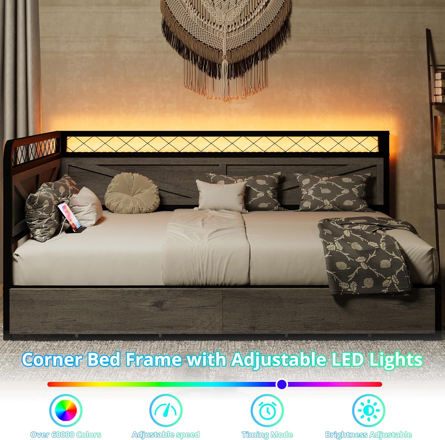 ANCTOR Full Corner Bed Frame with Storage Drawers, Daybed with LED Lights and Charging Station, No Box Spring Needed, Heavy Duty, Easy Assembly for Living Room, Bedroom and Guest Room, Grey | Heavy Duty Bed