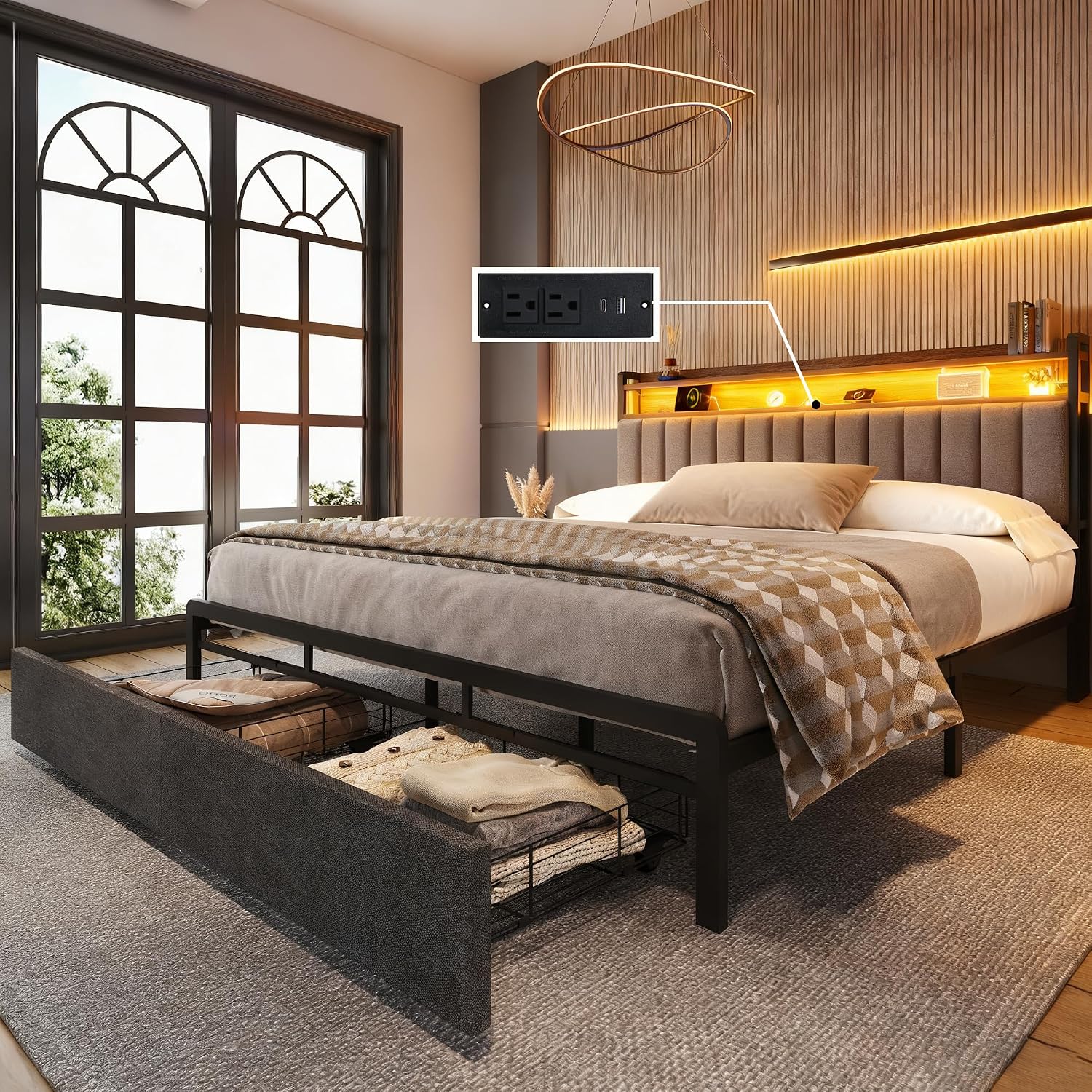 Ailisite Upholstered Full Size Bed Frames with 2 Tier Storage Headboard, LED Bed Frame with 2 Storage Drawers, Grey Platform Bed Frame with Charging Station & Typ-C Charging Port, No Box Spring Needed