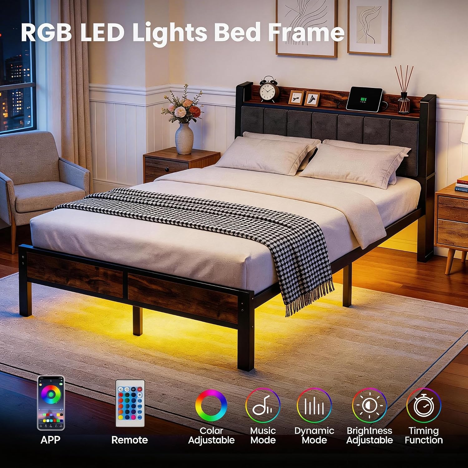 Liians Full Size LED Bed Frame with Charging Station and Storage Headboard, Metal Platform Bed, No Box Spring Needed, Easy Assembly, Noise Free