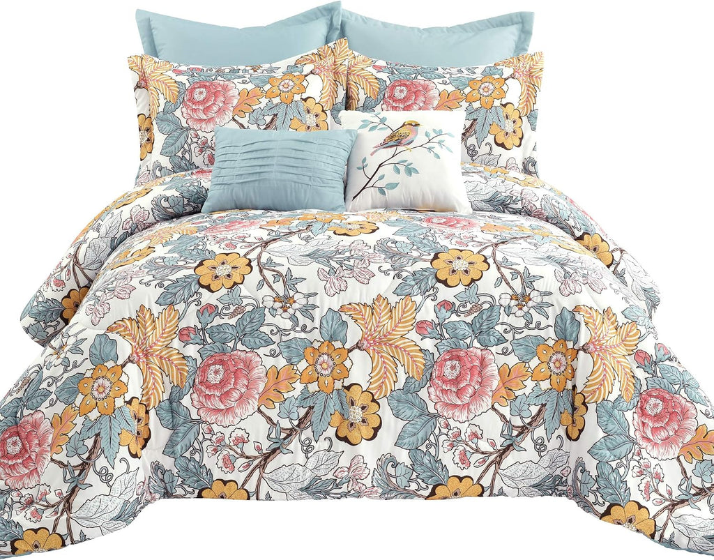 Lush Decor Sydney Comforter Set, 7 Piece, Full/Queen, Blue & Yellow - Fully Styled Bedding Queen Size Comforter Set - Colorful Floral Print - Cottage Core Decor - Coquette Bedding