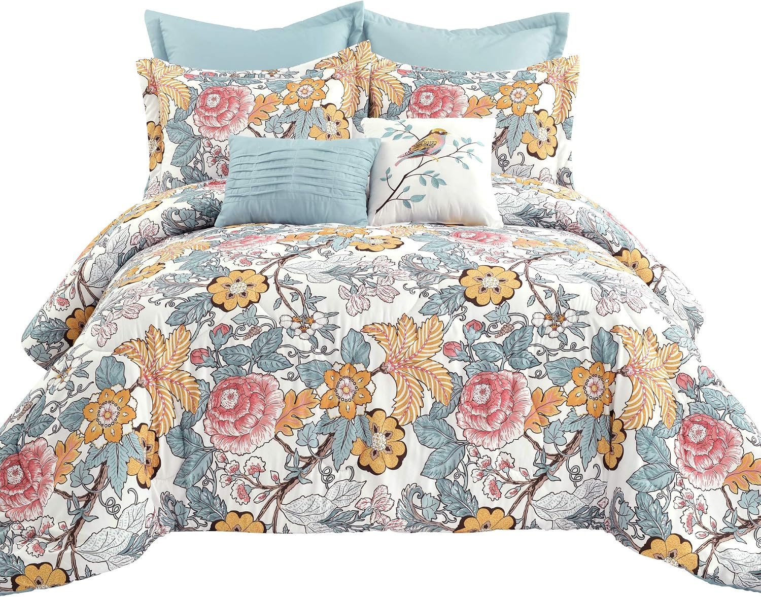 Lush Decor Sydney Comforter Set, 7 Piece, Full/Queen, Blue & Yellow - Fully Styled Bedding Queen Size Comforter Set - Colorful Floral Print - Cottage Core Decor - Coquette Bedding