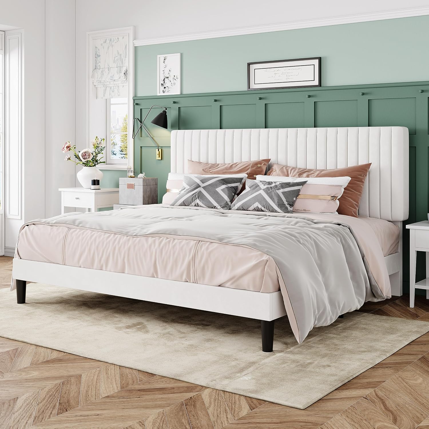 Allewie King Bed Frame, Velvet Upholstered Platform Bed with Adjustable Vertical Channel Tufted Headboard, Mattress Foundation with Strong Wooden Slats, Box Spring Optional, Easy Assembly, Off-White
