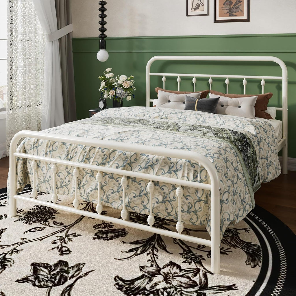 SHA CERLIN Full Size Metal Platform Bed Frame with Victorian Style Iron-Art Headboard and Footboard, Easy Assembly, Under Bed Storage, No Box Spring Required, Off White