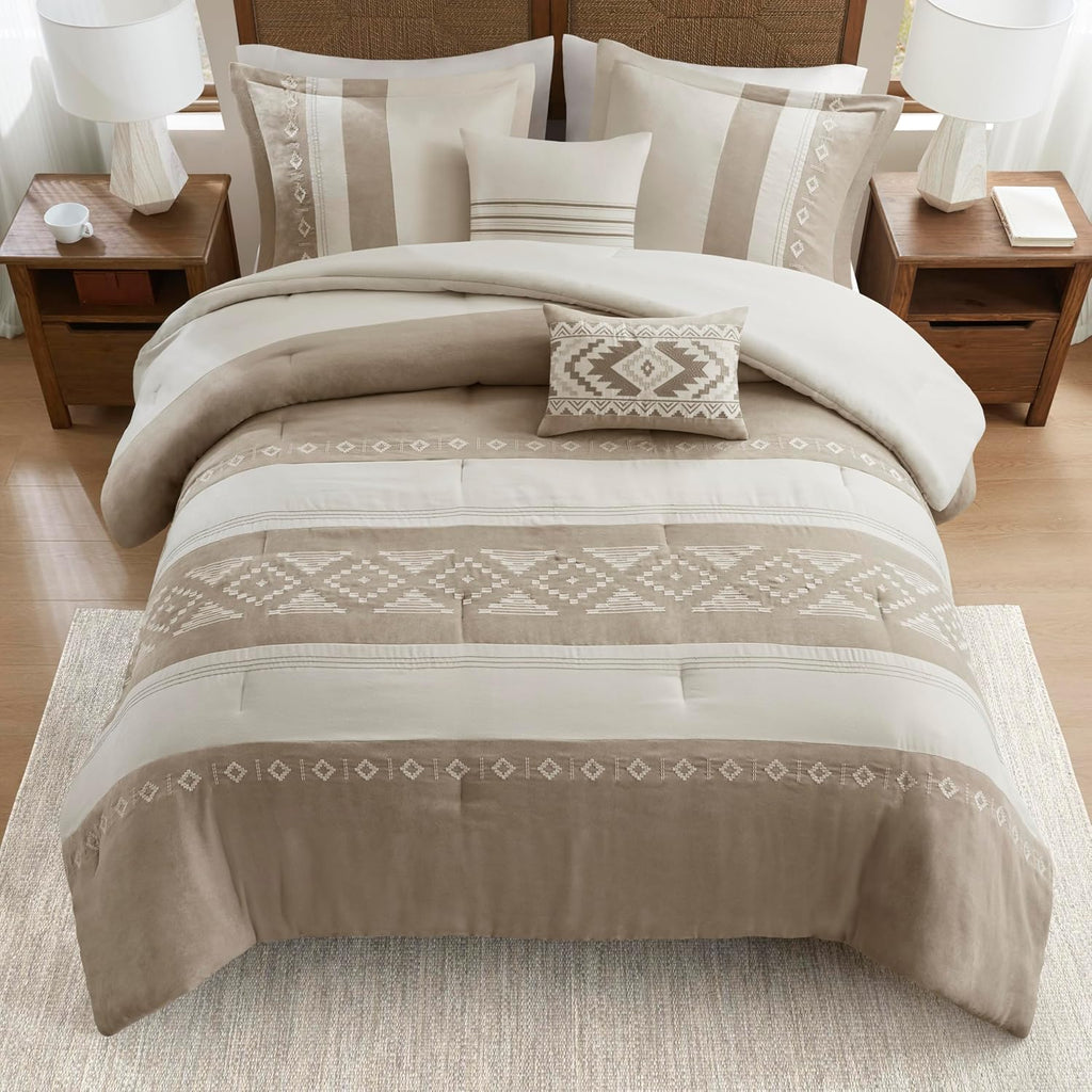 Woolrich Queen Comforter Set – Sutherland 5-Piece Microsuede Embroidered Bedding Set with Decorative Pillows, Taupe