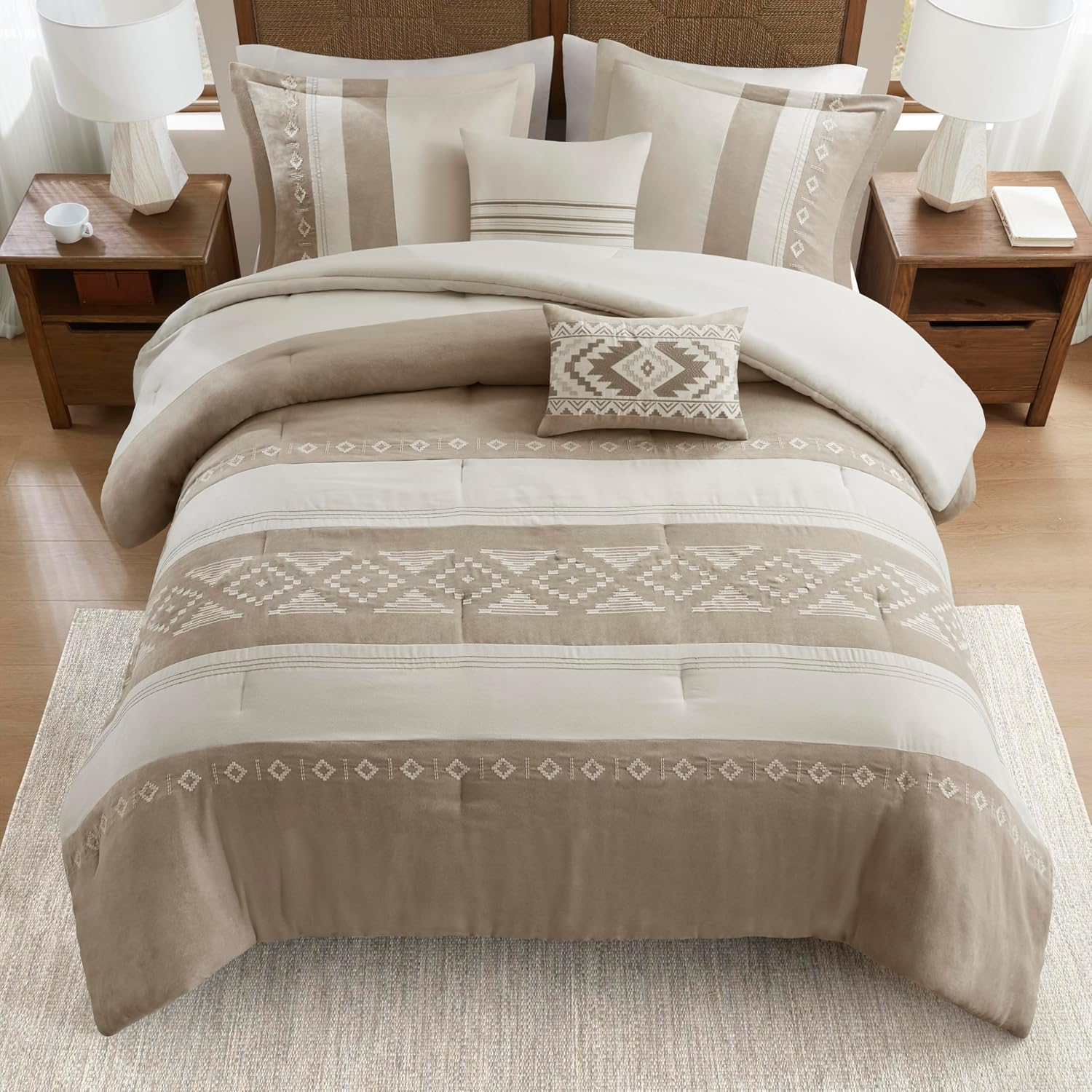 Woolrich Queen Comforter Set – Sutherland 5-Piece Microsuede Embroidered Bedding Set with Decorative Pillows, Taupe
