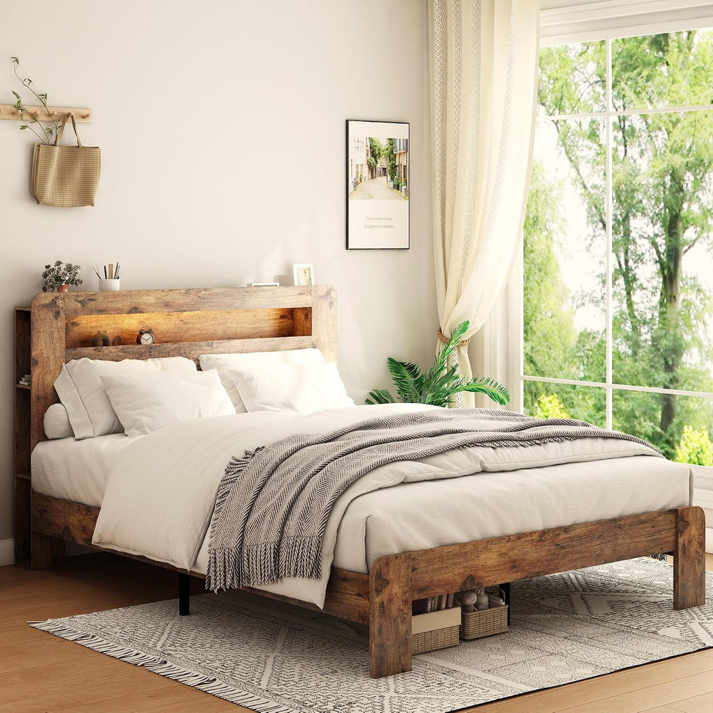 Bellemave Rustic Vintage Full Size Bed Frame with Bookshelves,Storage Headboard and Charging Station,Wooden Platform Bed Frame Full Size with LED Lights and Wood Slats,Easy Assembly,Dark Brown