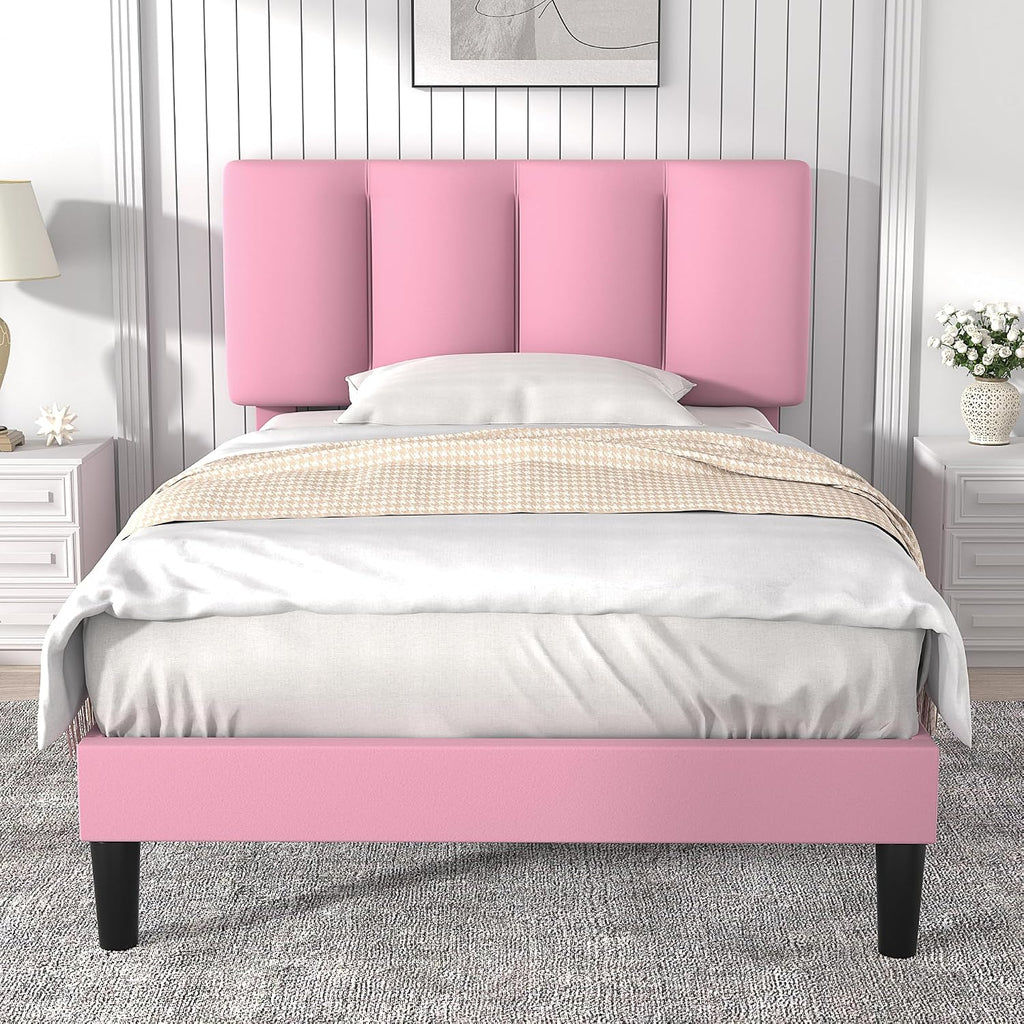 VECELO Twin Bed Frames, Upholstered Platform Bedframe, Adjustable Headboard, Wood Slat Support, No Box Spring Needed, Easy Assembly, Cherry Pink
