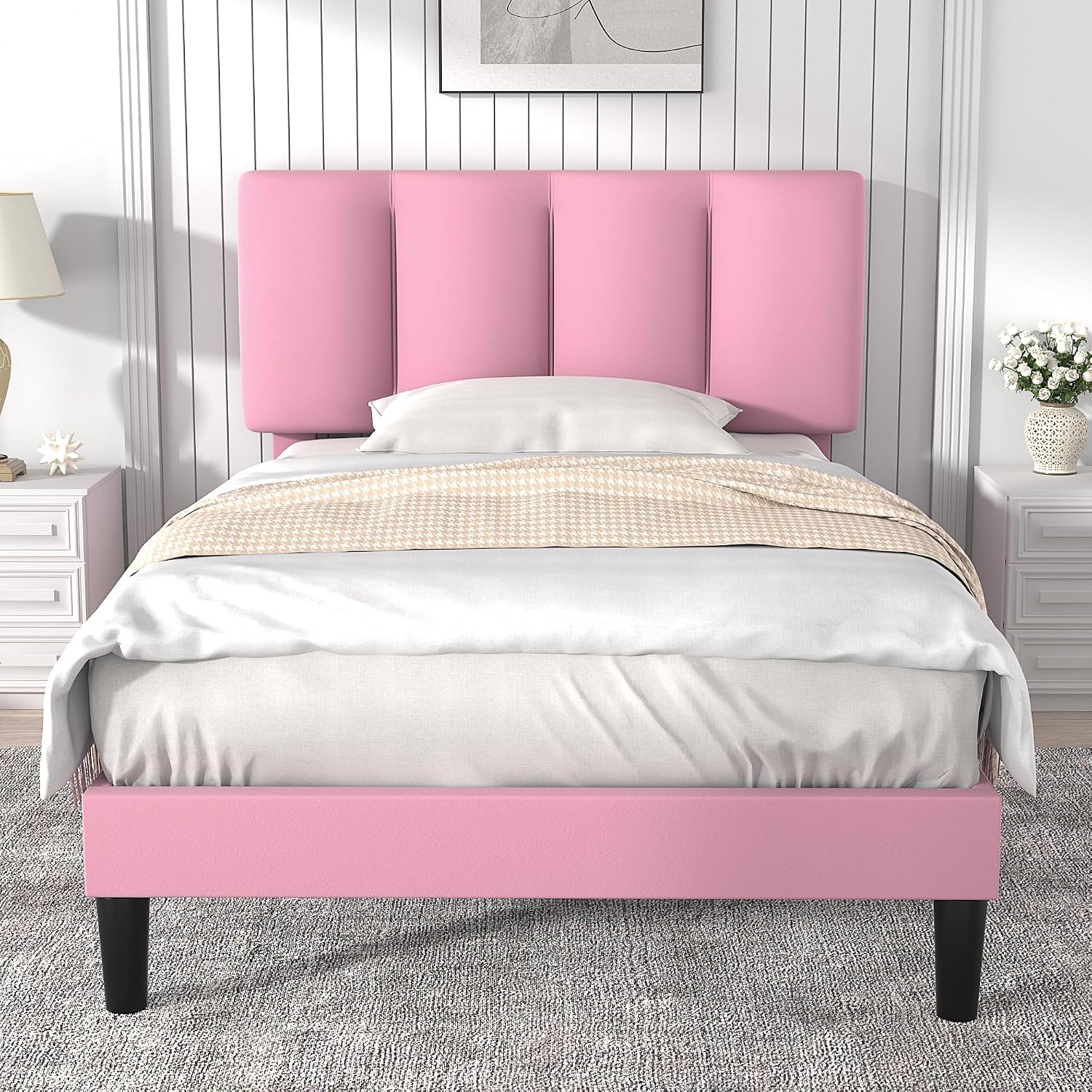 VECELO Twin Bed Frames, Upholstered Platform Bedframe, Adjustable Headboard, Wood Slat Support, No Box Spring Needed, Easy Assembly, Cherry Pink
