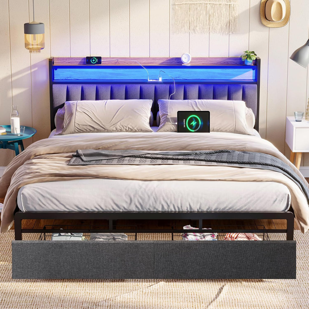 Ailisite Upholstered Full Size Bed Frames with 2 Tier Storage Headboard, LED Bed Frame with 2 Storage Drawers, Grey Platform Bed Frame with Charging Station & Typ-C Charging Port, No Box Spring Needed