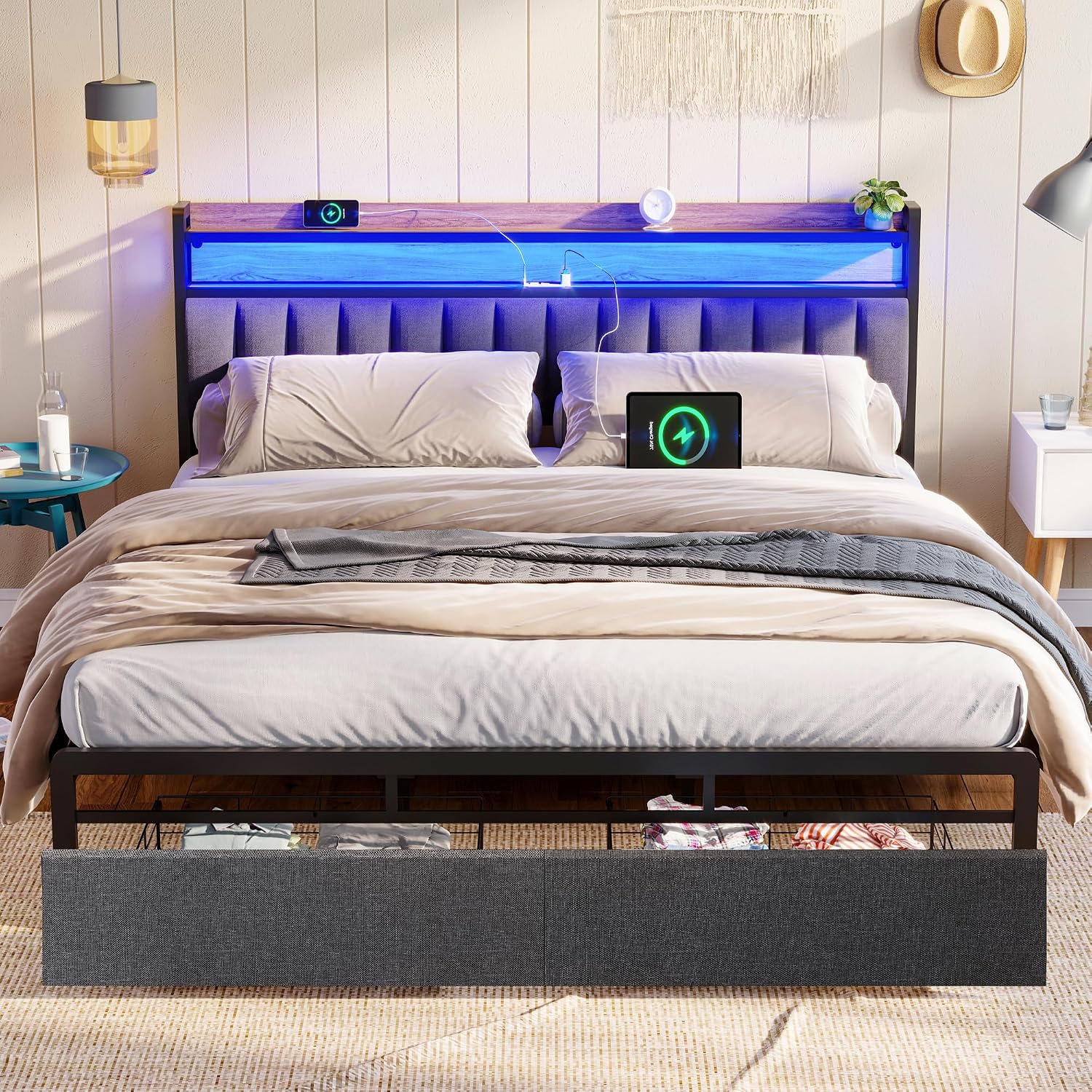 Ailisite Upholstered Full Size Bed Frames with 2 Tier Storage Headboard, LED Bed Frame with 2 Storage Drawers, Grey Platform Bed Frame with Charging Station & Typ-C Charging Port, No Box Spring Needed