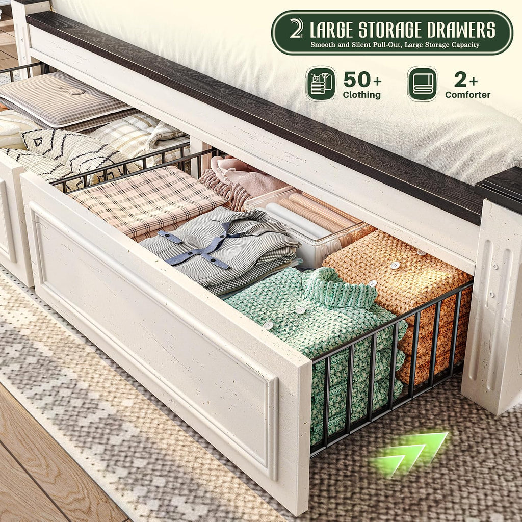 Homkdom Farmhouse King Size Bed Frame, 51' Tall King Bed Frame and Headboard, Bed Frame with 2 Storage Drawers, No Box Spring Needed, White