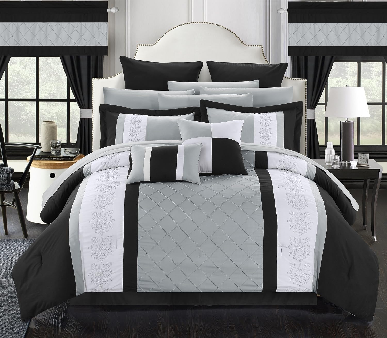 Chic Home Black Bed in a Bag Comforter Set, King Size (24 Pieces), Danielle - Pintuck Embroidery Colorblock Bedding - Comforter, Sheets, Shams, Bed Skirt, Pillowcases, Valances, Curtain Ties & Pillows