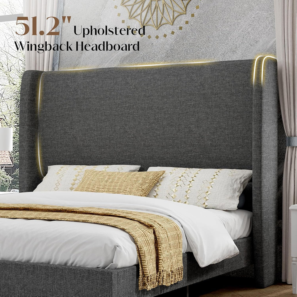 PaPaJet King Bed Frame with 51.2' Tall Wingback Headboard,Line Upholstered Platform Bed,Solid Wood Legs,No Box Spring Needed,Noise-Free&Easy Assembly,for Master Bedroom & Luxury Home,Dark Grey