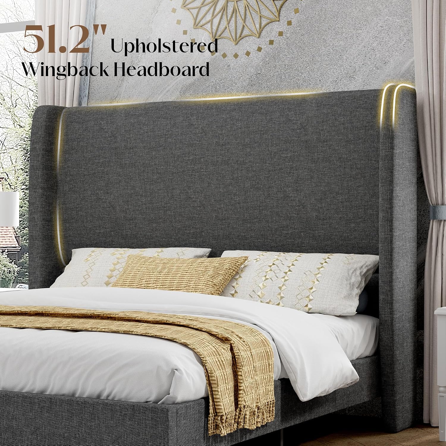 PaPaJet King Bed Frame with 51.2' Tall Wingback Headboard,Line Upholstered Platform Bed,Solid Wood Legs,No Box Spring Needed,Noise-Free&Easy Assembly,for Master Bedroom & Luxury Home,Dark Grey