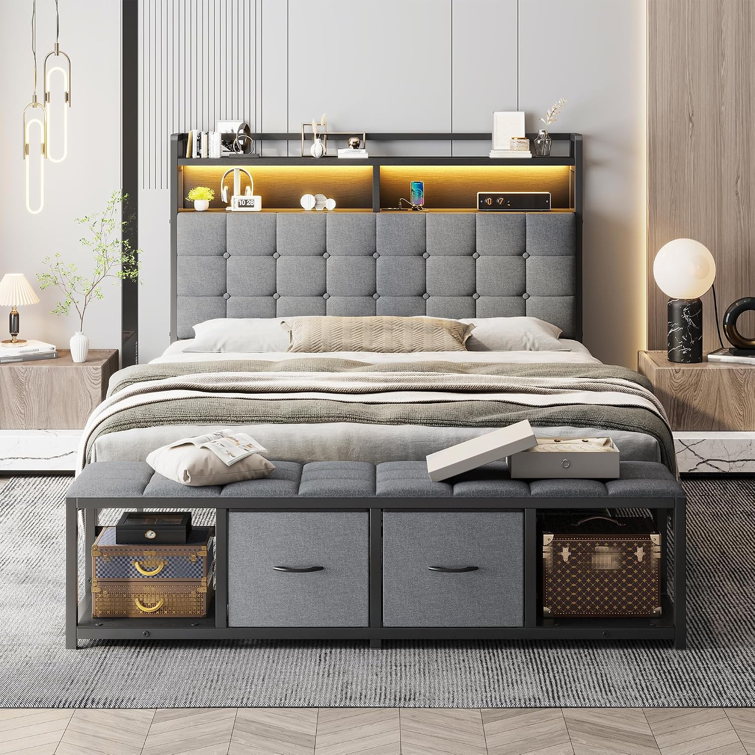 EnHomee Full Size Bed Frame with Headboard and 60' W Bed End Stool, 2 Drawers & LED & Charging Port Full Bed Frame with Storage Built in Charging Station,NO Noise,No Box Spring Needed,Gray