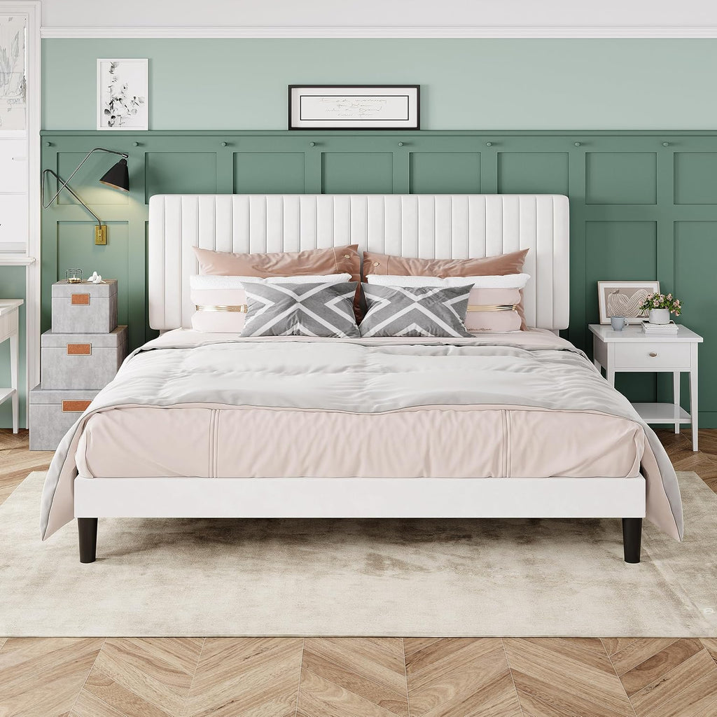Allewie King Bed Frame, Velvet Upholstered Platform Bed with Adjustable Vertical Channel Tufted Headboard, Mattress Foundation with Strong Wooden Slats, Box Spring Optional, Easy Assembly, Off-White