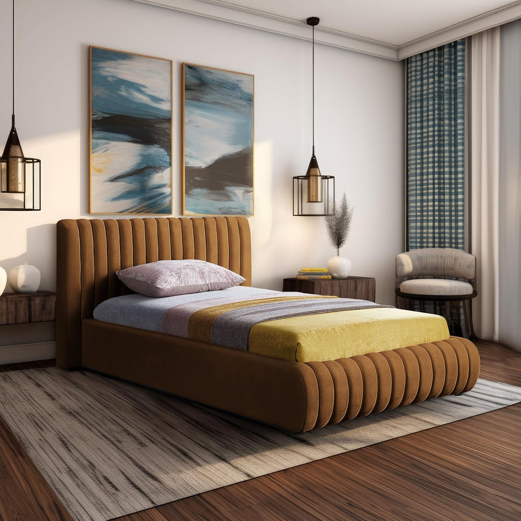 Meridian Furniture NicoSaddle-T Nico Collection Modern | Contemporary Velvet Upholstered Twin Bed with Rich Saddle Velvet and Deep Channel Tufting, 53' W x 86' D x 38' H, Saddle, Twin