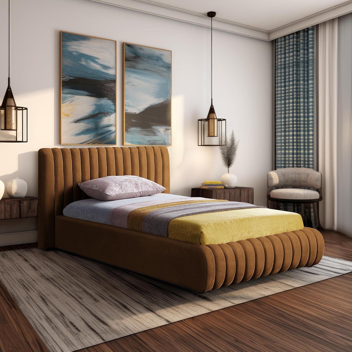 Meridian Furniture NicoSaddle-T Nico Collection Modern | Contemporary Velvet Upholstered Twin Bed with Rich Saddle Velvet and Deep Channel Tufting, 53' W x 86' D x 38' H, Saddle, Twin