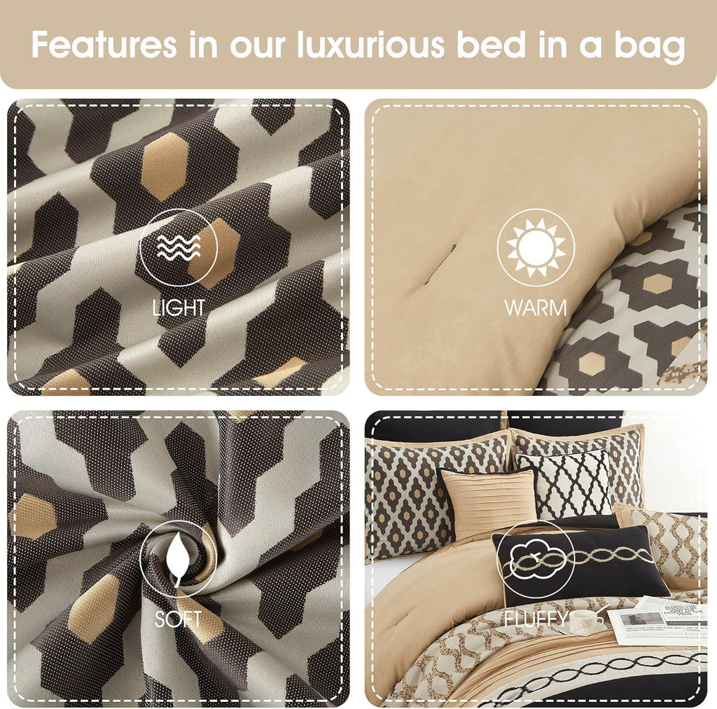 Stratford Park Geometirc King Black Gold Comforter Set, 10 Piece, Jacquard Bedding Comforters & Sets, Bedskirt, Pillows & Shams,