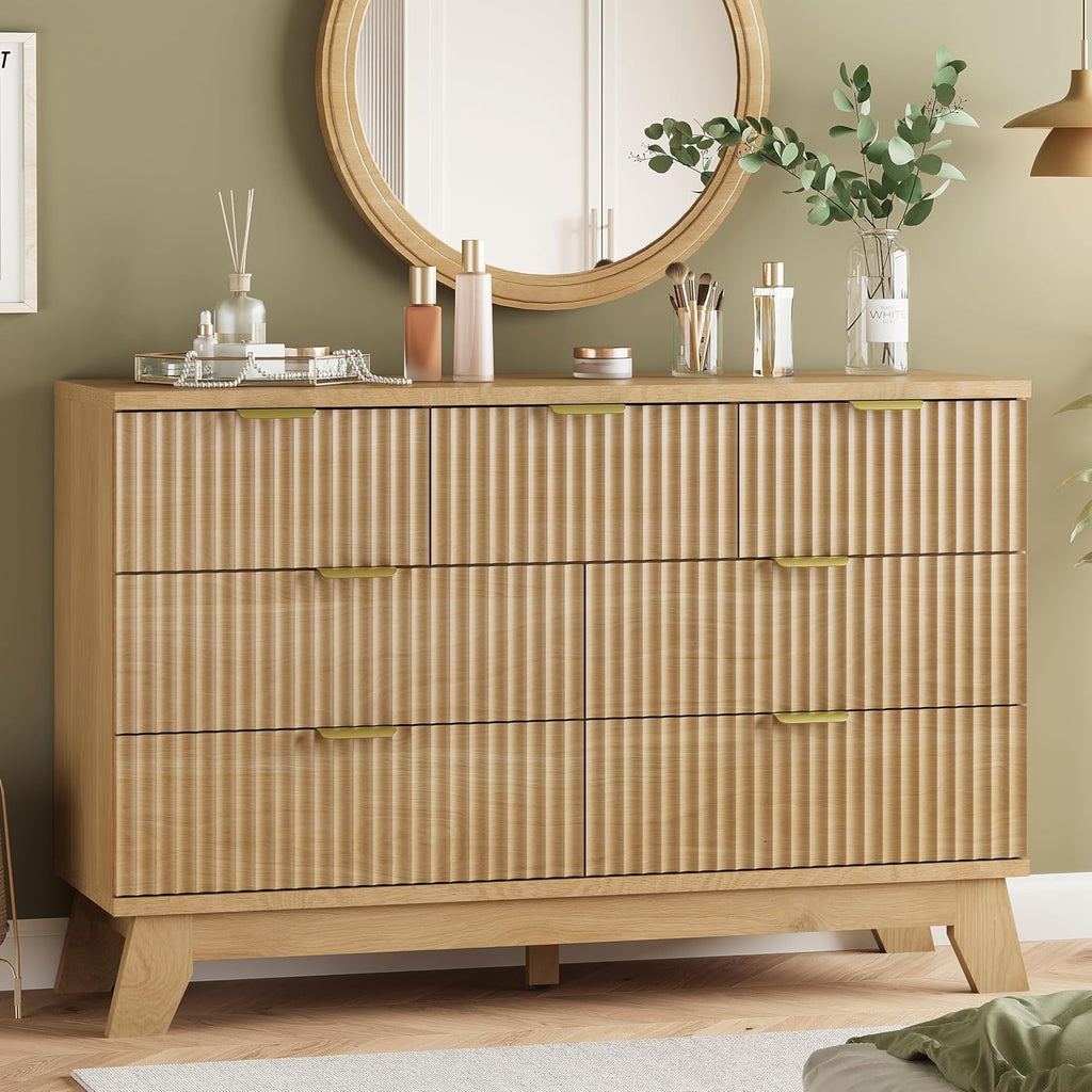 Fluted Dresser for Bedroom with 7 Drawers, 48' Wide Modern Chest of Drawers with Metal Handle, Wood Dresser TV Stand, Wooden Closet Clothes Storage Organizer for Living Room, Hallway, Natural Oak