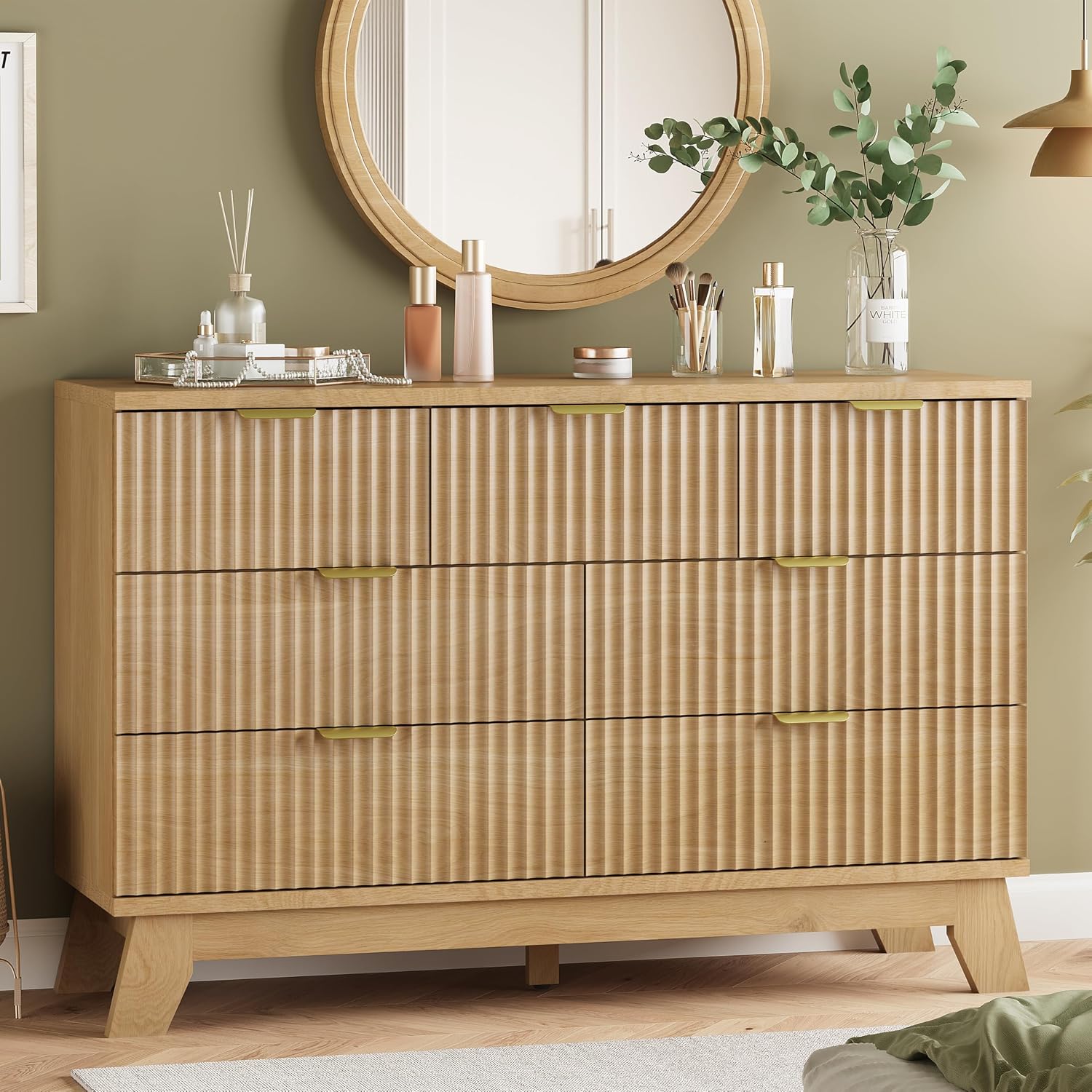 Fluted Dresser for Bedroom with 7 Drawers, 48' Wide Modern Chest of Drawers with Metal Handle, Wood Dresser TV Stand, Wooden Closet Clothes Storage Organizer for Living Room, Hallway, Natural Oak