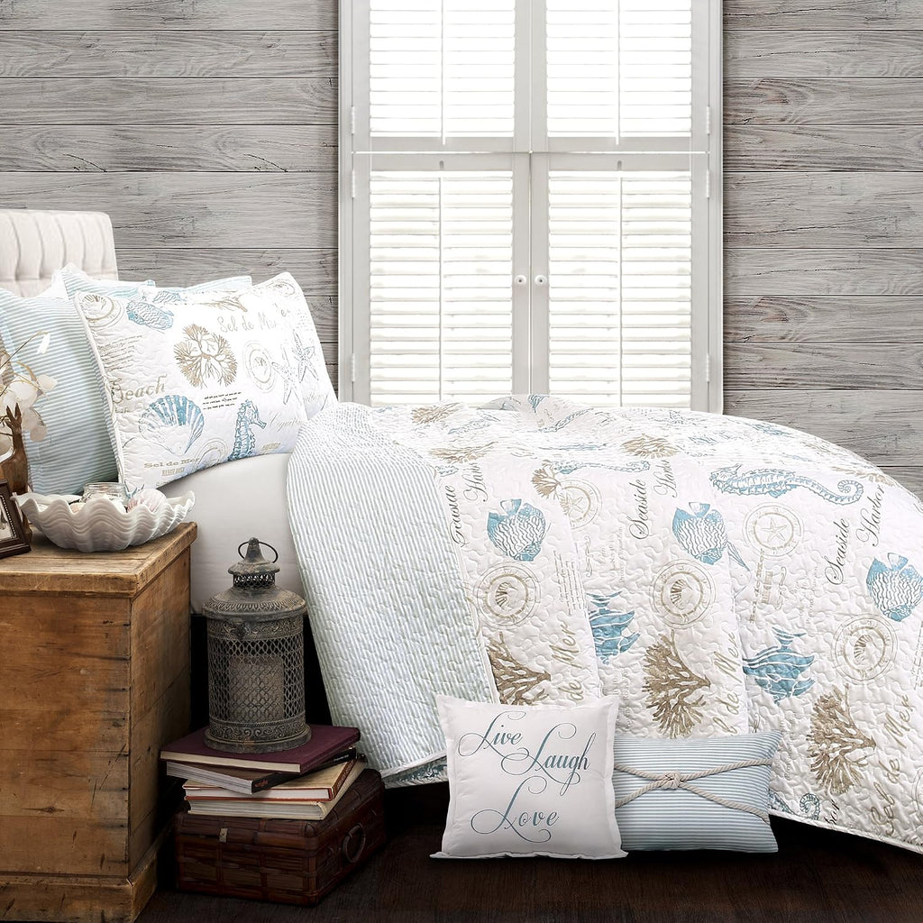 Lush Decor Harbor Life Reversible Quilt Set, 7 Piece Set, Full/ Queen, Blue & Taupe - Blue Quilt Queen Bedding Set - Coastal Decor - Nautical Bedding - Beach House