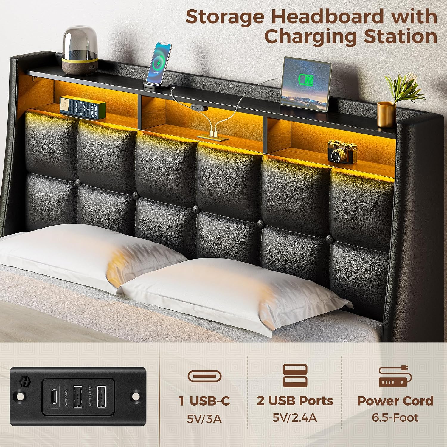 Rolanstar Queen Size Bed Frame with LED Lights and Charging Station, PU Leather Bed Storage Headboard & Drawers, Heavy Duty Wood Slats, Easy Assembly, Black