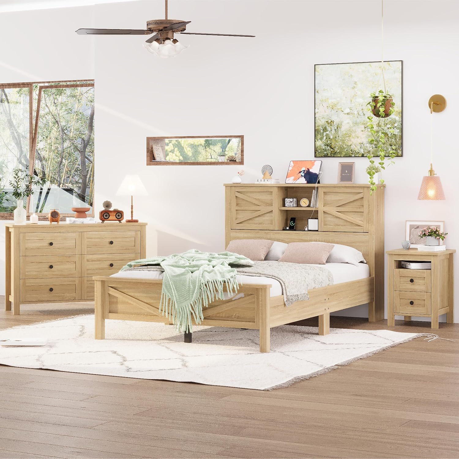 Farmhouse 3-Pieces Bedroom Sets, Full Size Platform Bed with a Nightstand and 6-Drawer Storage, Wood Platform Bed with Double Sliding Door Storage Headboard and Charging Station (Full)