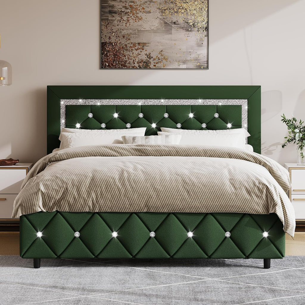 BarnFurin Queen Size Bed Frame with Headboard, Faux Leather Upholstered Bed with Diamond Tufted Design, Modern Bed Frame with Wooden Slats Support, No Box Spring Required, Easy Assembly, Green