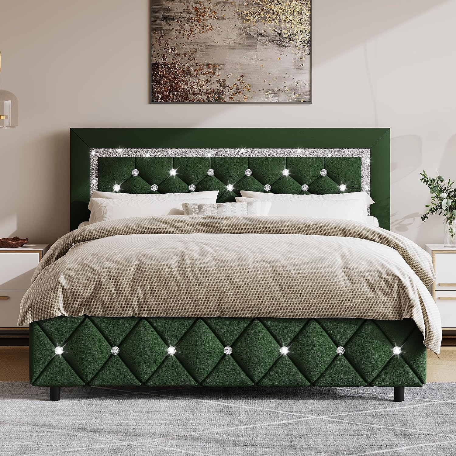 BarnFurin Full Size Bed Frame with Headboard, Faux Leather Upholstered Bed with Diamond Tufted Design, Mordern Bed Frame with Wooden Slats Suppor, No Box Spring Required, Easy Assembly, Green
