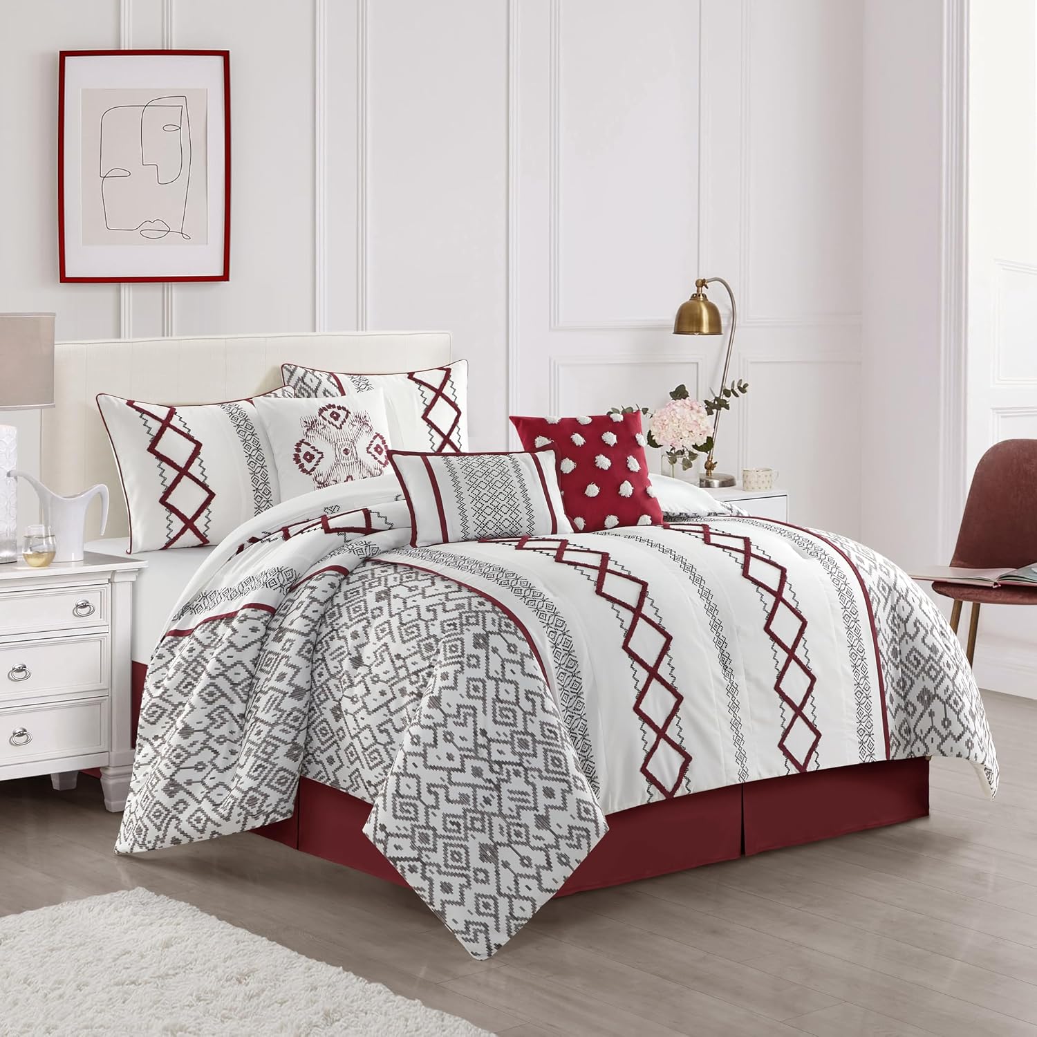 Grand Avenue White Red Comforter Set King Size, 7 Piece Terry Embroidery All Season Bedding Set, Bedskirt, Pillows & Shams