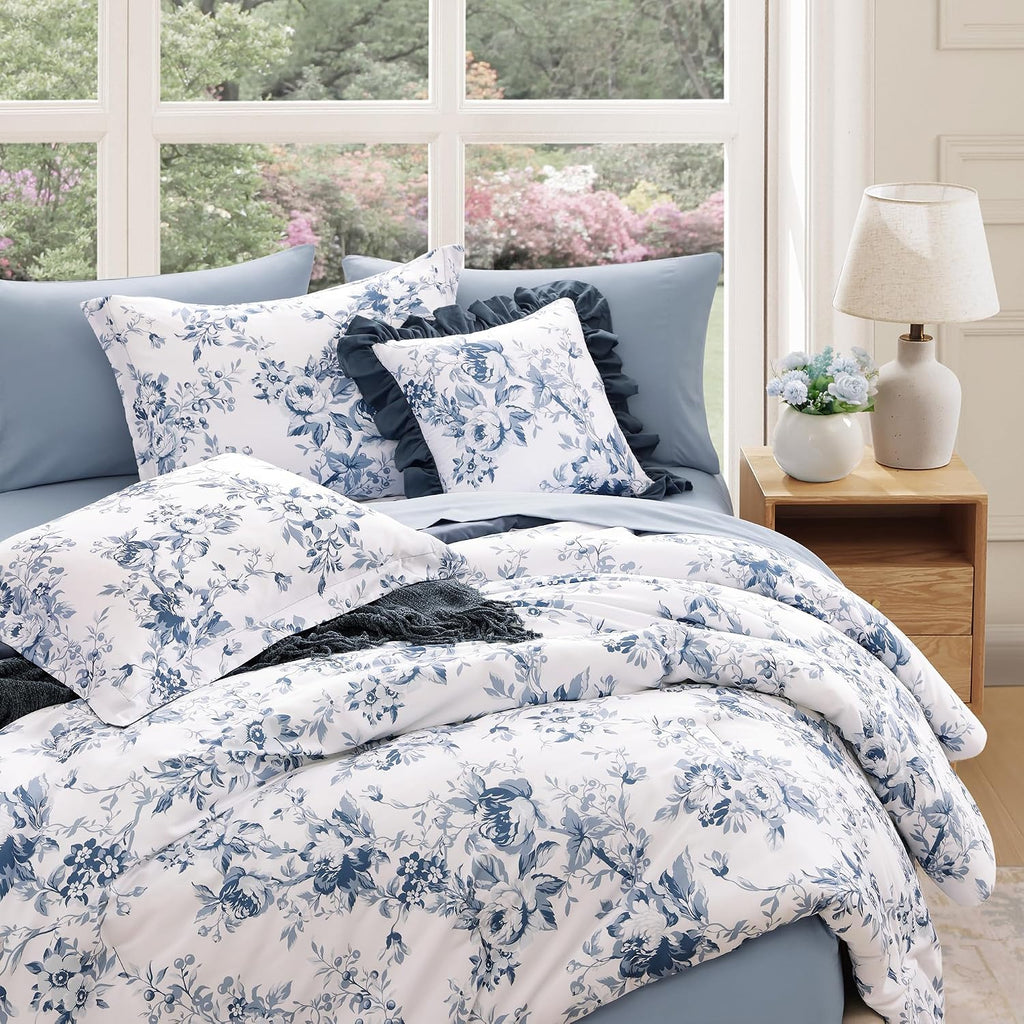 BLOOMHAVEN Oversized King Comforter Set -7 Pieces Floral Rain Washed Bedding Set for All Seasons, Bed in a Bag with Botanical Flowers Comforter, Sheets, Pillowcases & Shams