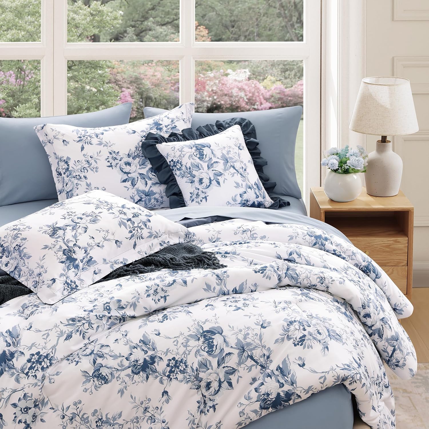 BLOOMHAVEN Oversized King Comforter Set -7 Pieces Floral Rain Washed Bedding Set for All Seasons, Bed in a Bag with Botanical Flowers Comforter, Sheets, Pillowcases & Shams