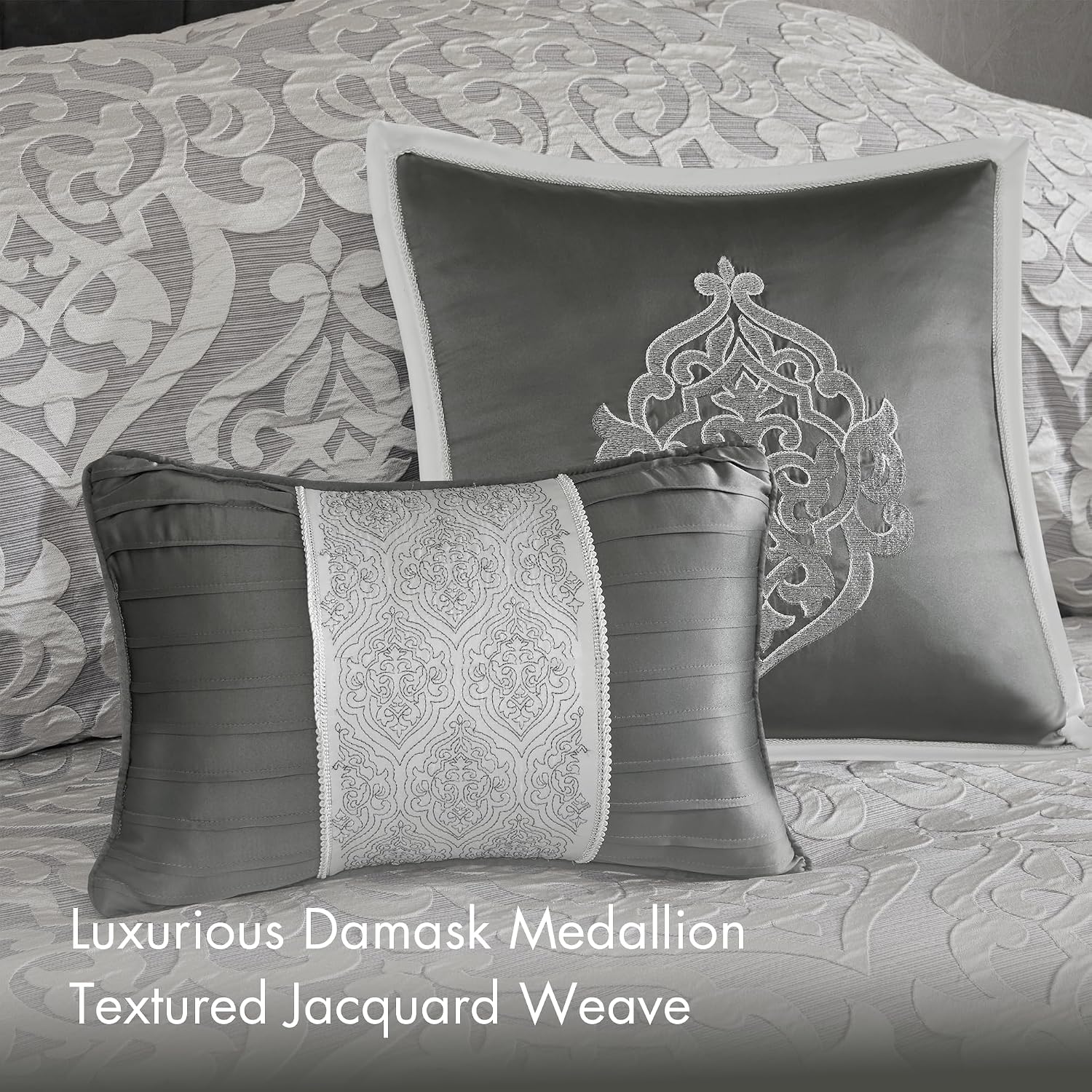 Madison Park Odette Cozy Comforter Set Jacquard Damask Medallion Design - Modern All Season, Down Alternative Bedding, Shams, Decorative Pillows, Queen(90 in x 90 in), Silver 8 Piece
