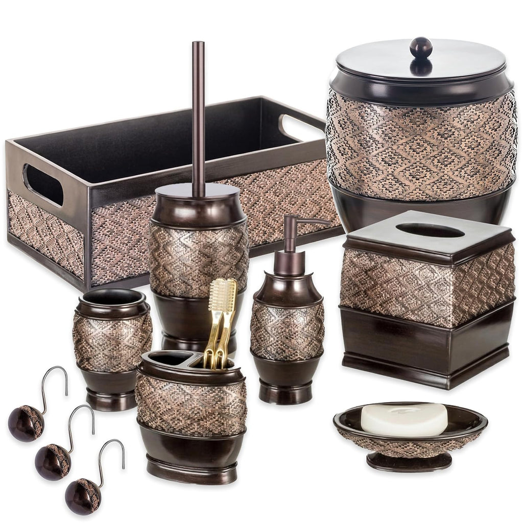 Creative Scents Dublin Brown Bathroom Accessories Set with Trash Can – 7-Piece Decorative Set: Wastebasket with Lid, Toilet Brush, Soap Dispenser, Tissue Cover, Soap Dish, Tumbler & Toothbrush Holder