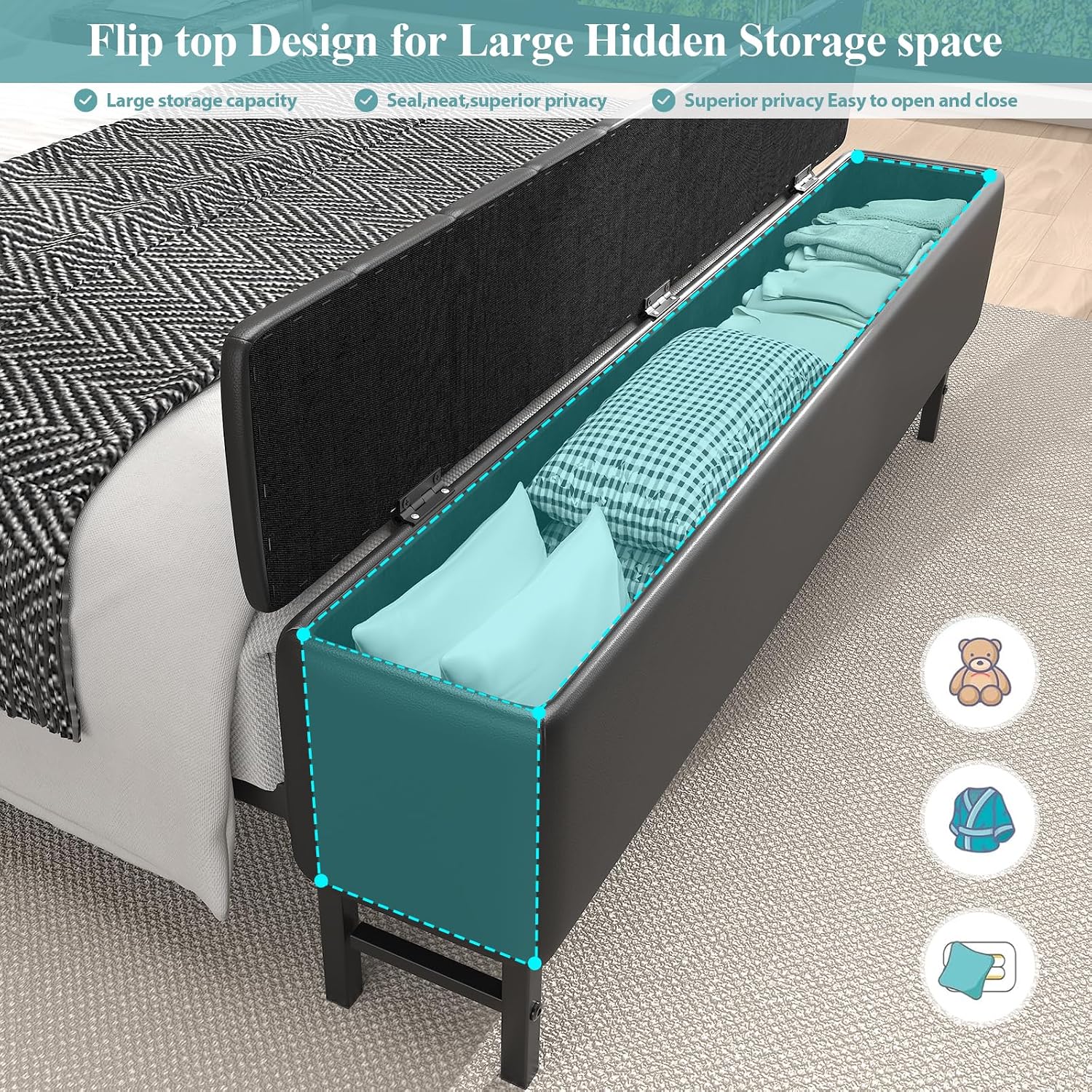 Full Size Bed Frame with Star Projector & Charging Station, PU Leather Upholstered Platform with 2-Tier Storage Headboard & Storage Ottoman, Metal Support, Noise-Free, No Box Spring Needed, Black