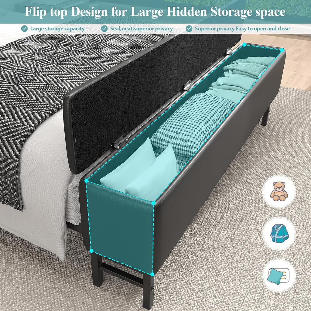 Queen Size Bed Frame with Star Projector & Charging Station, PU Leather Upholstered Platform with 2-Tier Storage Headboard & Storage Ottoman, Metal Support, Noise-Free, No Box Spring Needed, Black