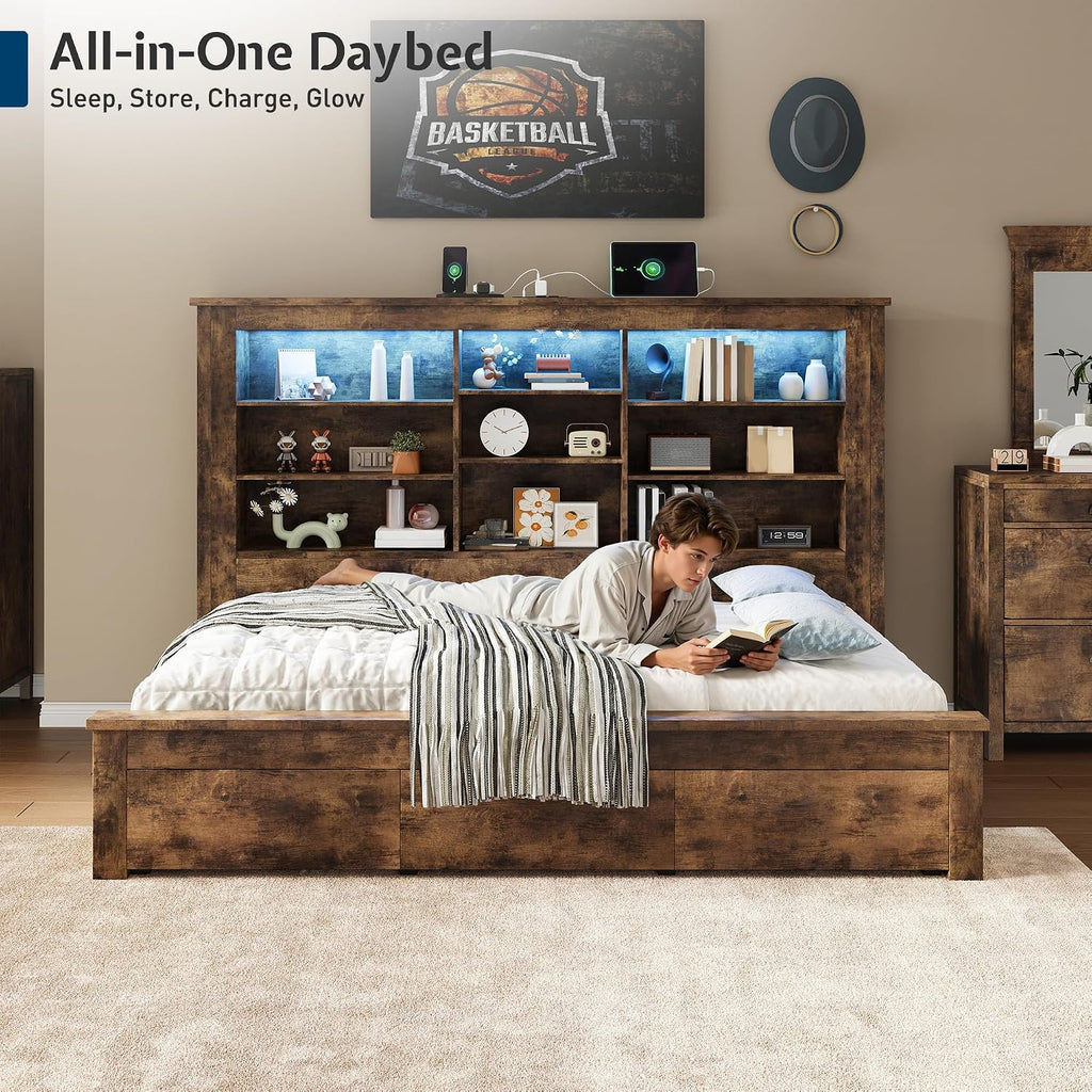 Jocisland Twin Bed Frame with Storage Drawers, Bookcase Headboard, USB Charging, RGB Lights, Farmhouse Wood Daybed No Box Spring Needed, Rustic Oak | 49' tall shelving