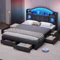 Queen Bed Frame with 6 Storage Drawers and Headboard,Bed Frame Queen Size with Charging Station & LED Light,Platform Metal Bed Frame with Storage,Queen Bed No Box Spring Needed,Easy Assembly,PU Black